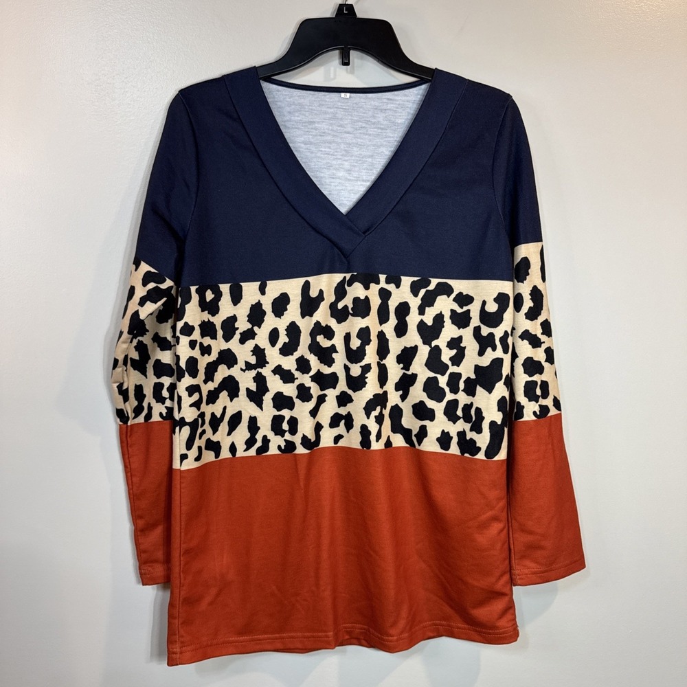 Cheetah Print Long Sleeve Vneck Shirt Women's Small Fall Fashion Blue And Orange